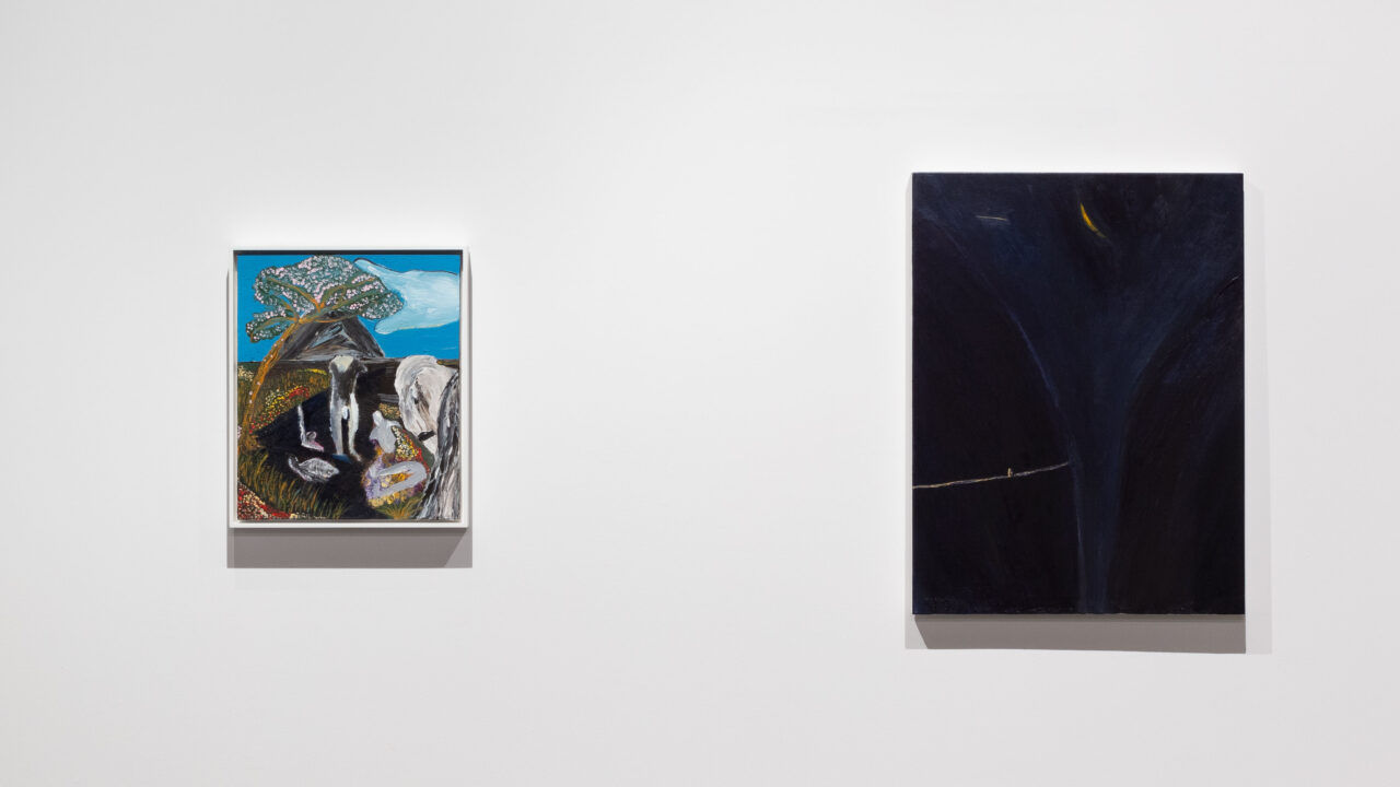 Image of Matthew Wong, Ruins, 2016. Acrylic on canvas, and The Wish, 2016. Acrylic on canvas. Installation view.